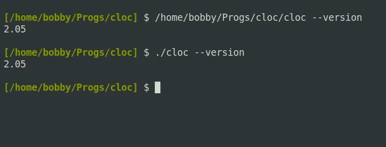 Minh họa chạy một lệnh Linux trong thư mục hiện hành bằng cách sử dụng đường dẫn tuyệt đối và tương đối, thay thế cho việc thêm vào biến PATH.
