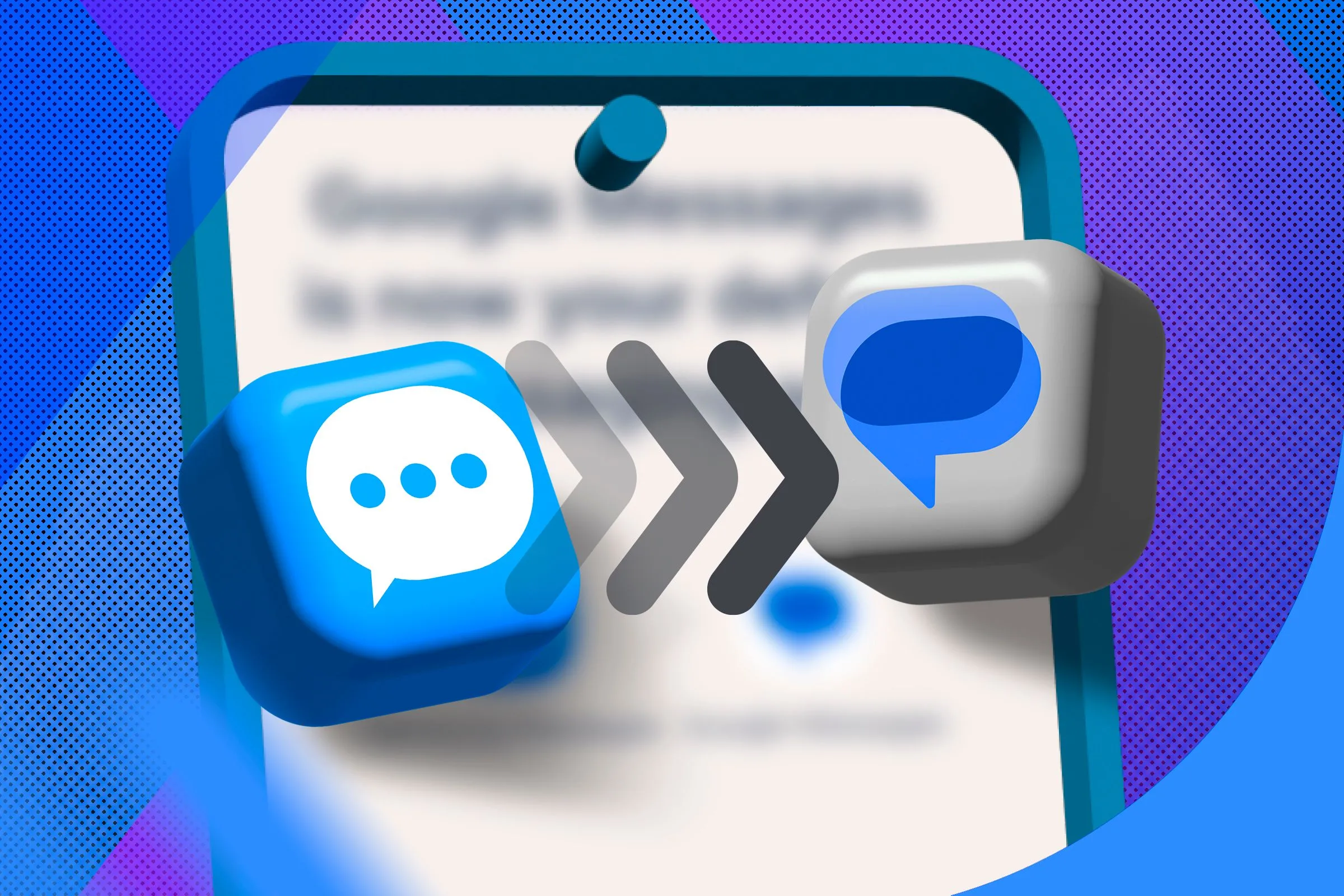 Minh họa điện thoại với biểu tượng Samsung Messages và Google Messages, kèm mũi tên chỉ quá trình chuyển đổi liền mạch