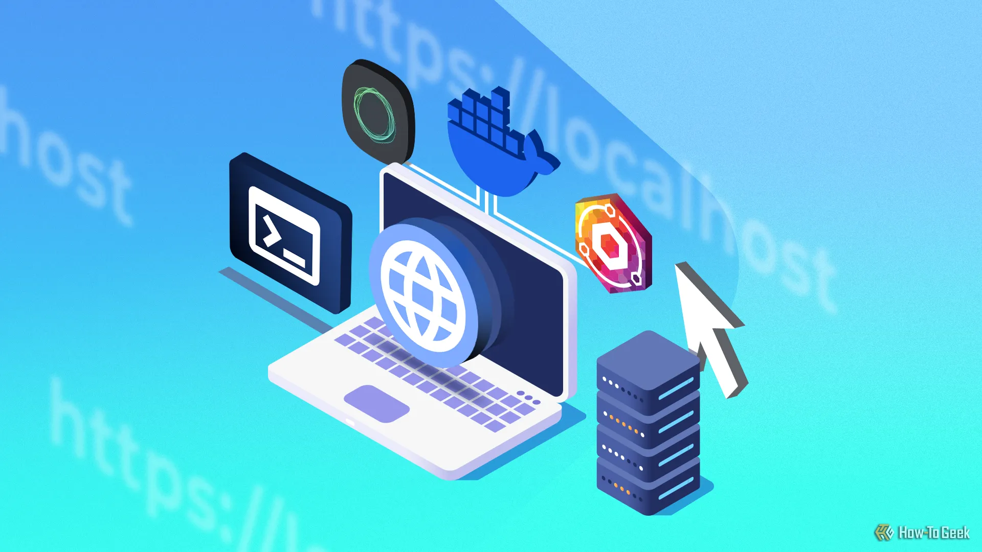 Minh họa isometric laptop, máy chủ và các biểu tượng internet, thể hiện vai trò của Nginx Proxy Manager trong quản lý dịch vụ web homelab.