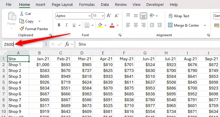 Minh họa việc nhập tham chiếu ô Z600 vào hộp tên (Name Box) của Excel để điều hướng nhanh