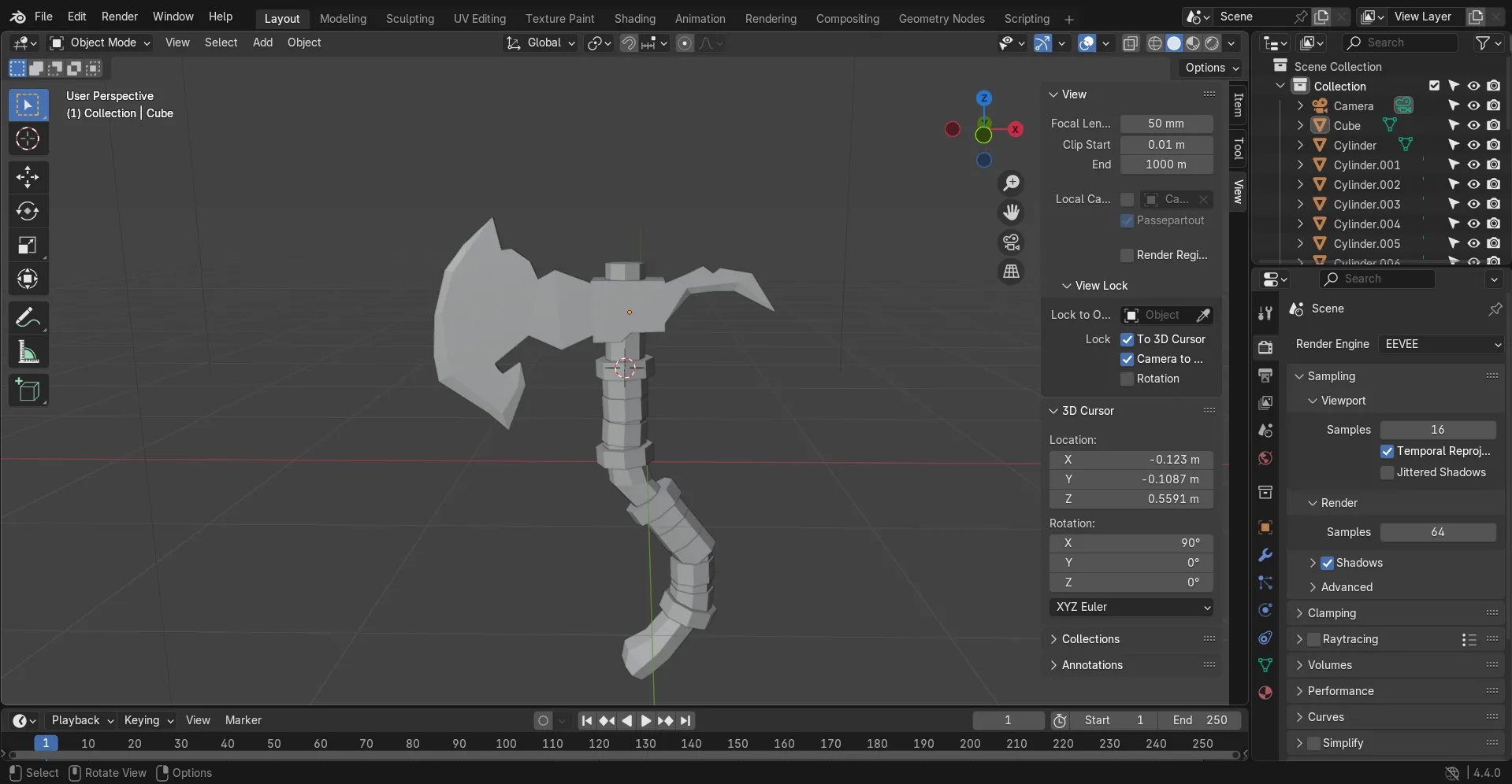 Mô hình 3D một chiếc búa low-poly được tạo ra trong Blender, minh họa khả năng thiết kế đồ họa 3D của phần mềm