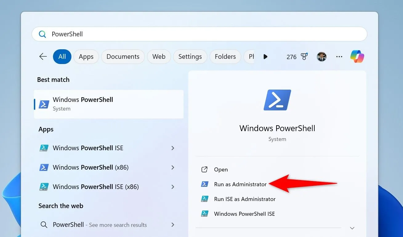 Mở PowerShell với quyền quản trị viên trên Windows 11