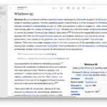 Mô tả bài viết Wikipedia về Windows 95 hiển thị trong ứng dụng Kiwix trên máy tính, minh họa việc truy cập kiến thức offline.