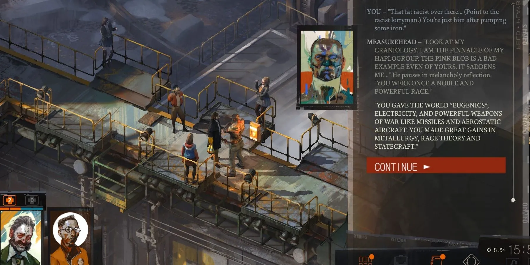 Một cảnh gameplay của Disco Elysium với phong cách nghệ thuật độc đáo