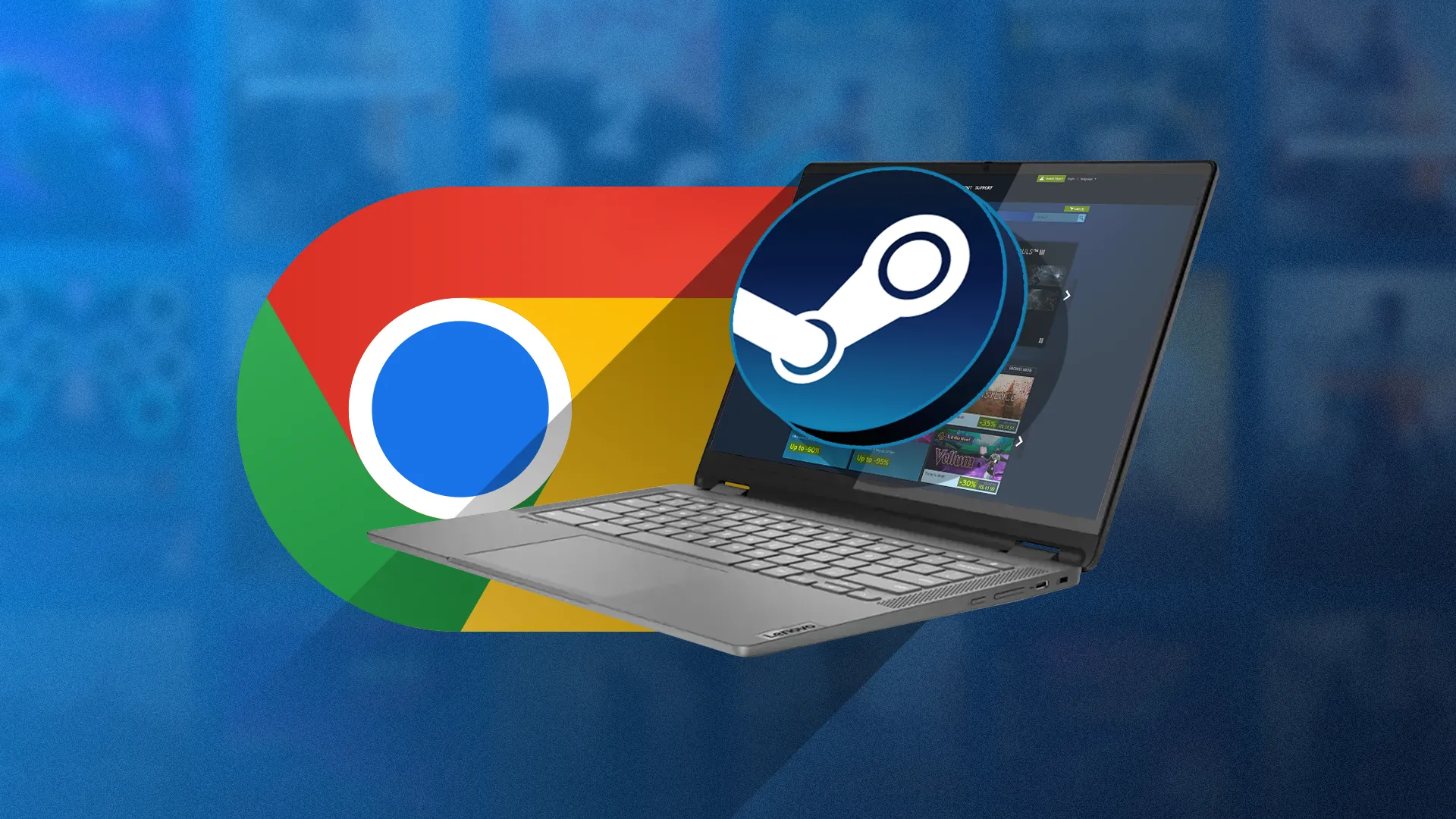Một chiếc Chromebook đang mở Steam, bên cạnh là logo Steam và Chrome