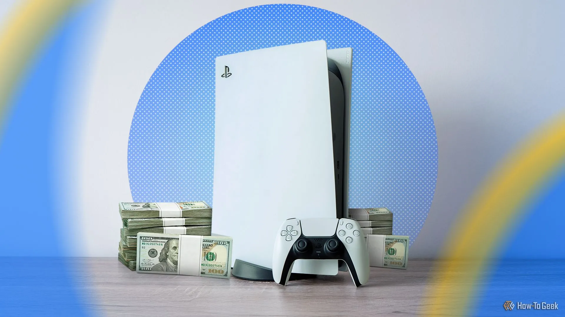 Một chiếc PlayStation 5 với một chồng tiền bên cạnh.