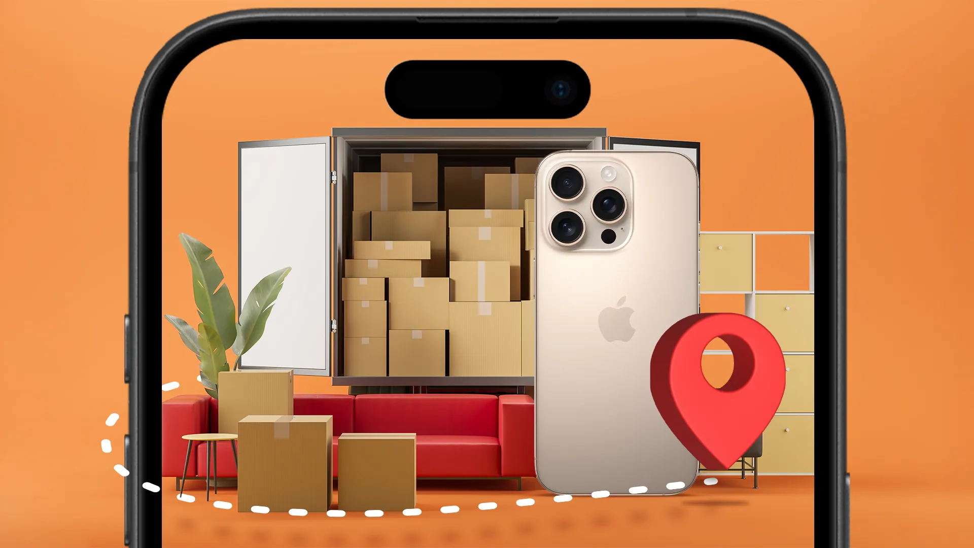 Một chiếc xe tải và đồ đạc cùng một chiếc iPhone đang sử dụng ứng dụng Đo (Measure) để ước tính kích thước đồ vật.
