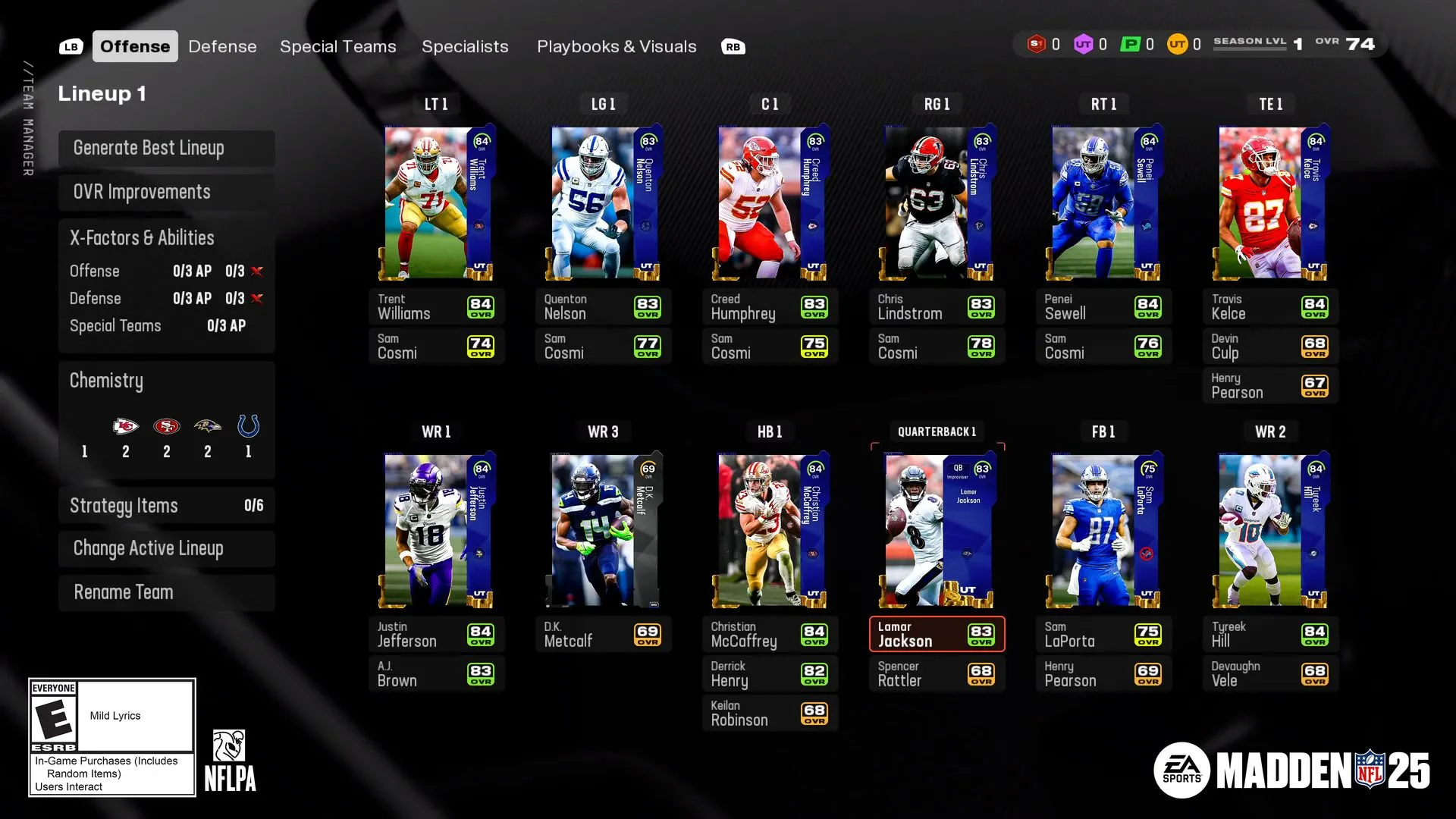 Một đội hình Ultimate Team trong Madden 25 với logo EA Sports