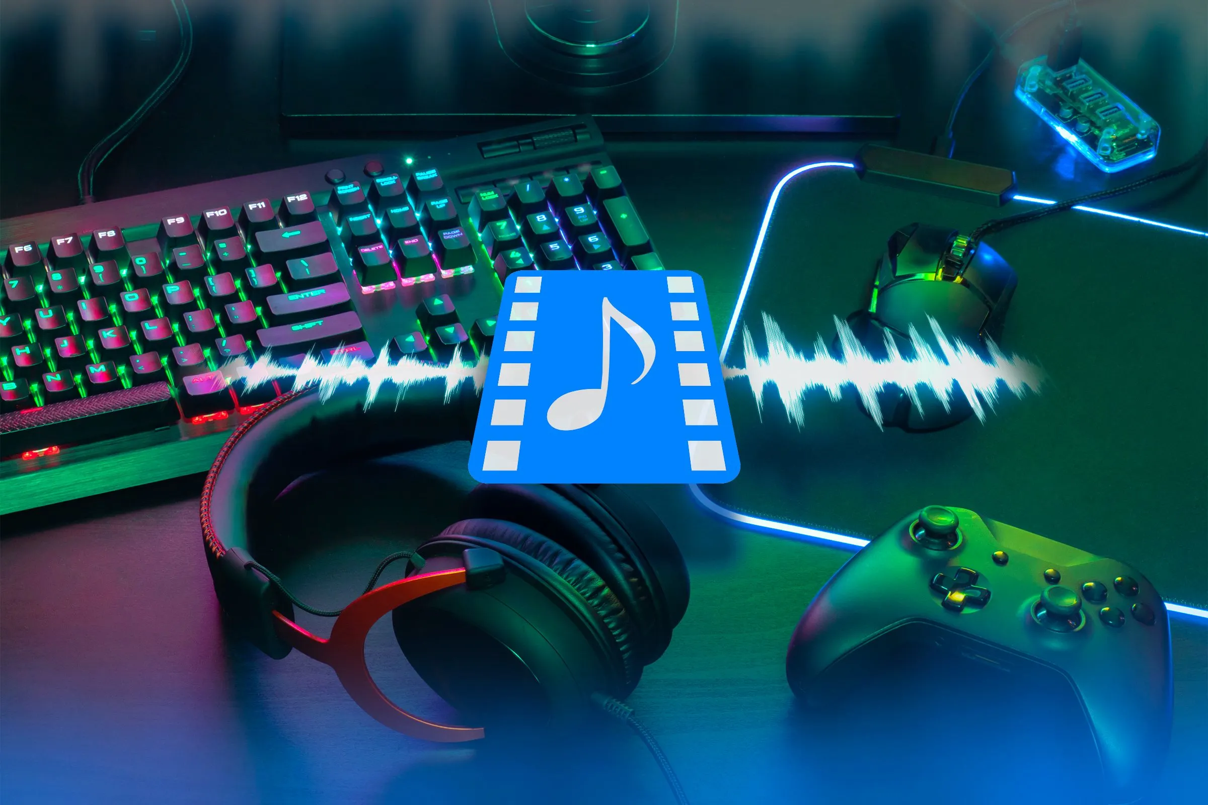 Một góc bàn chơi game với bàn phím cơ, tai nghe, tay cầm và chuột, phía trên có biểu tượng âm thanh nổi bật, thể hiện tầm quan trọng của âm thanh trong trải nghiệm gaming.
