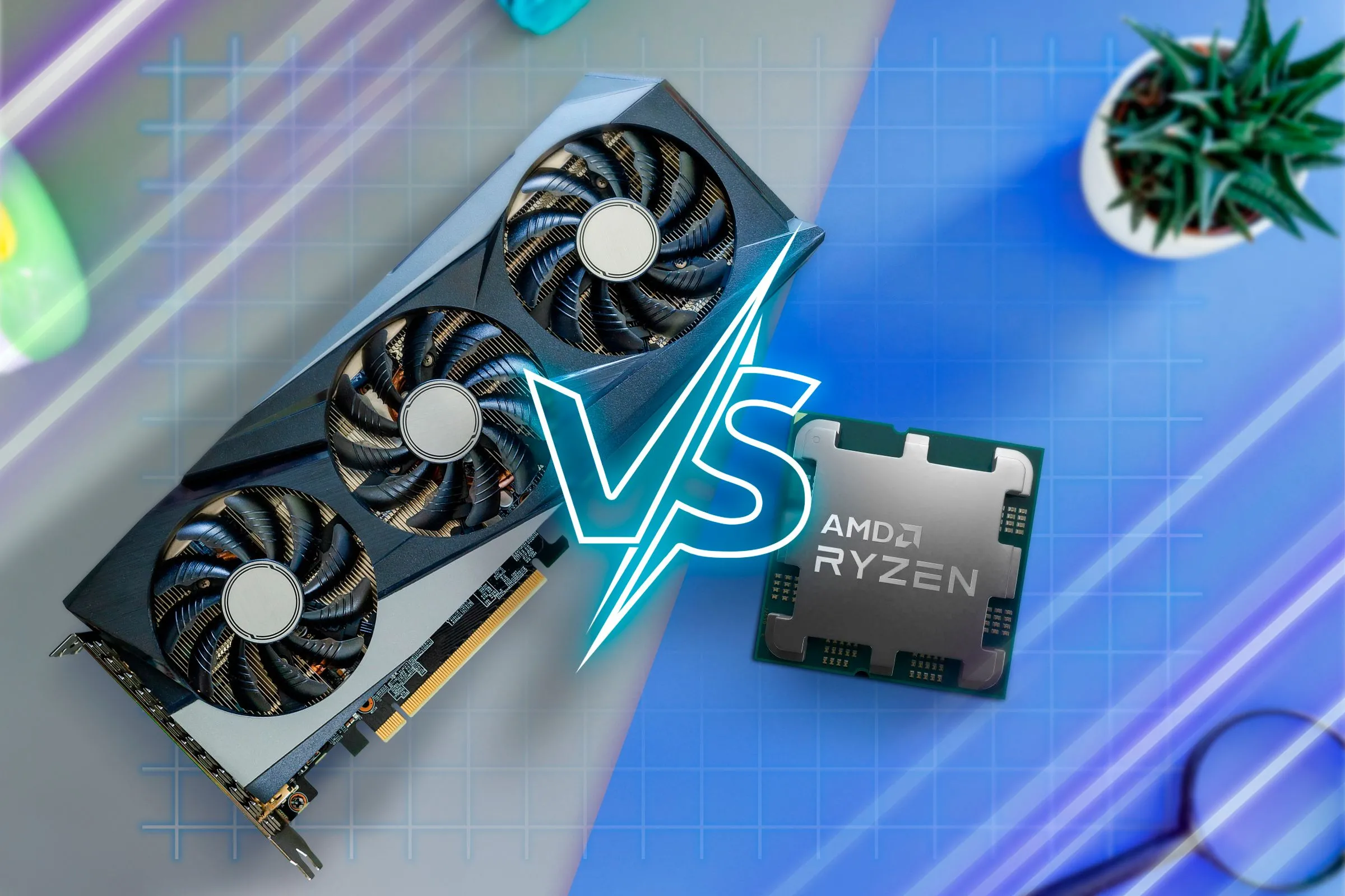 Một GPU và một CPU trên bàn với biểu tượng &quot;VS&quot; ở giữa