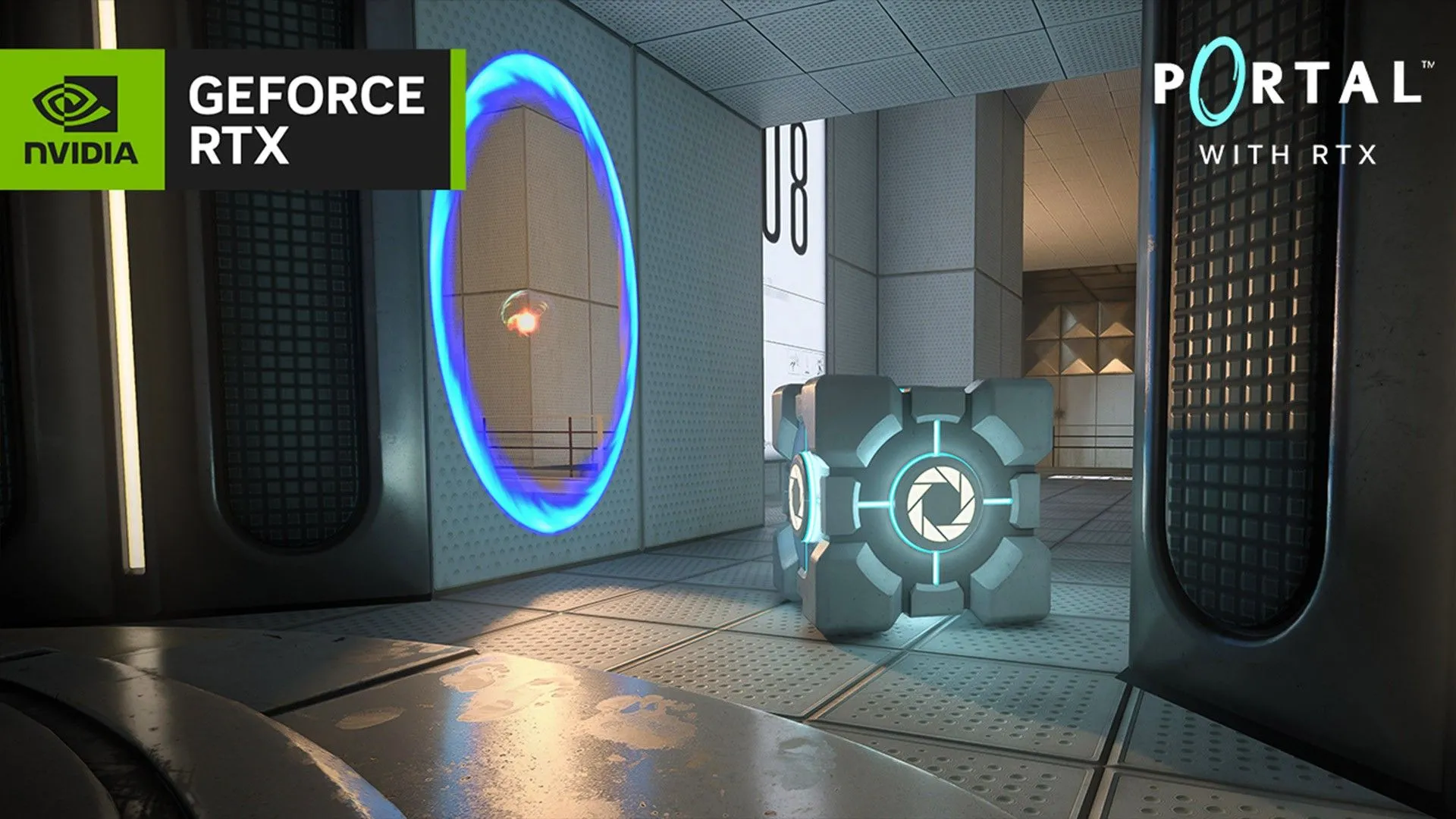Một khối lập phương được chiếu sáng chân thực bởi công nghệ ray tracing trong game Portal