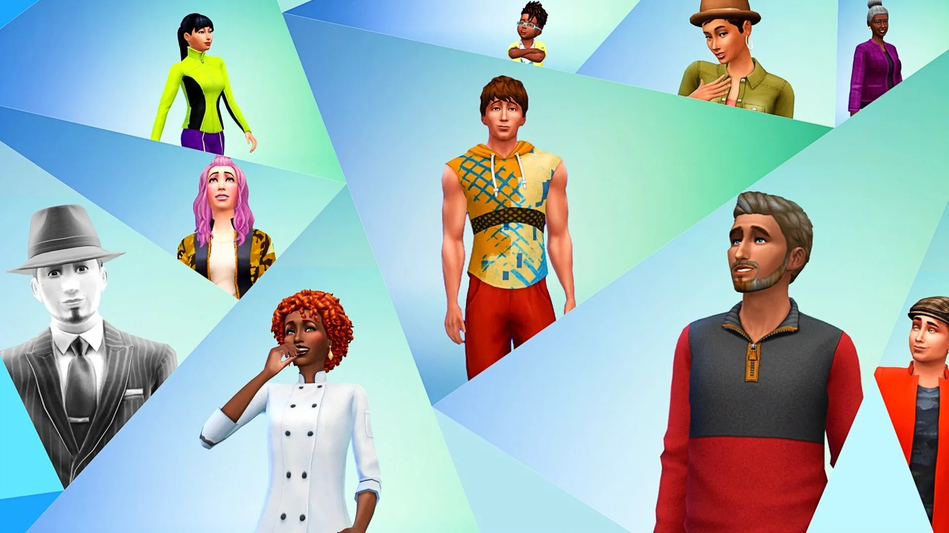 Một nhóm các Sim được tạo trong The Sims 4 đang nhìn xung quanh trong một môi trường đô thị.