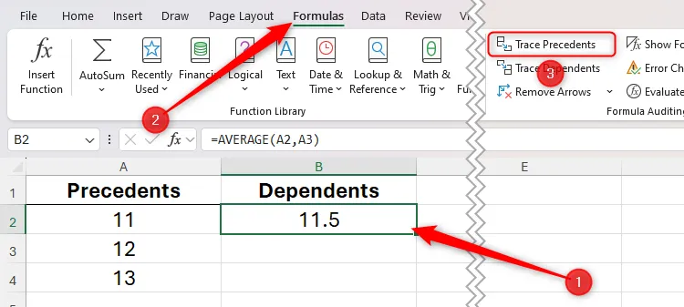 Một ô công thức trong Excel được chọn, và tùy chọn Trace Precedents trên tab Formulas được đánh dấu