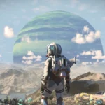 Một phi hành gia trong bộ đồ không gian khám phá hành tinh lạ trong No Man's Sky.