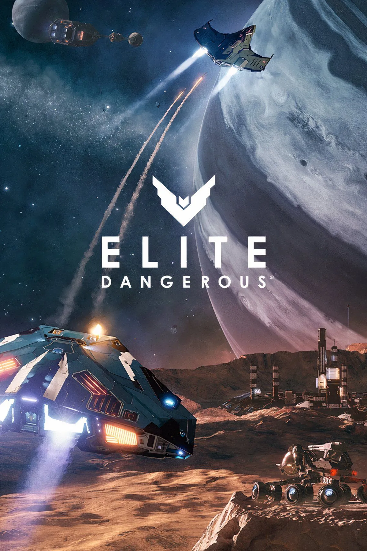 Một phi thuyền không gian với chi tiết phức tạp bay trong vũ trụ rộng lớn của Elite Dangerous.
