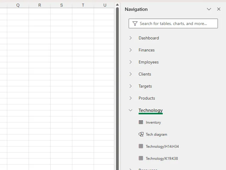 Ngăn điều hướng Navigation Pane trong Excel, trang tính Technology được mở rộng hiển thị các thành phần bên trong