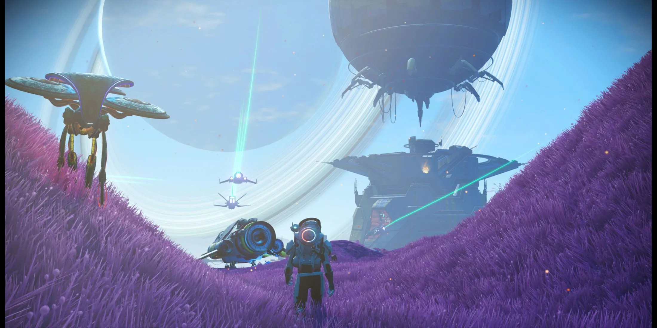 Ngoại thất căn cứ No Man's Sky với các mô-đun xây dựng đa dạng và tàu vũ trụ đỗ gần đó