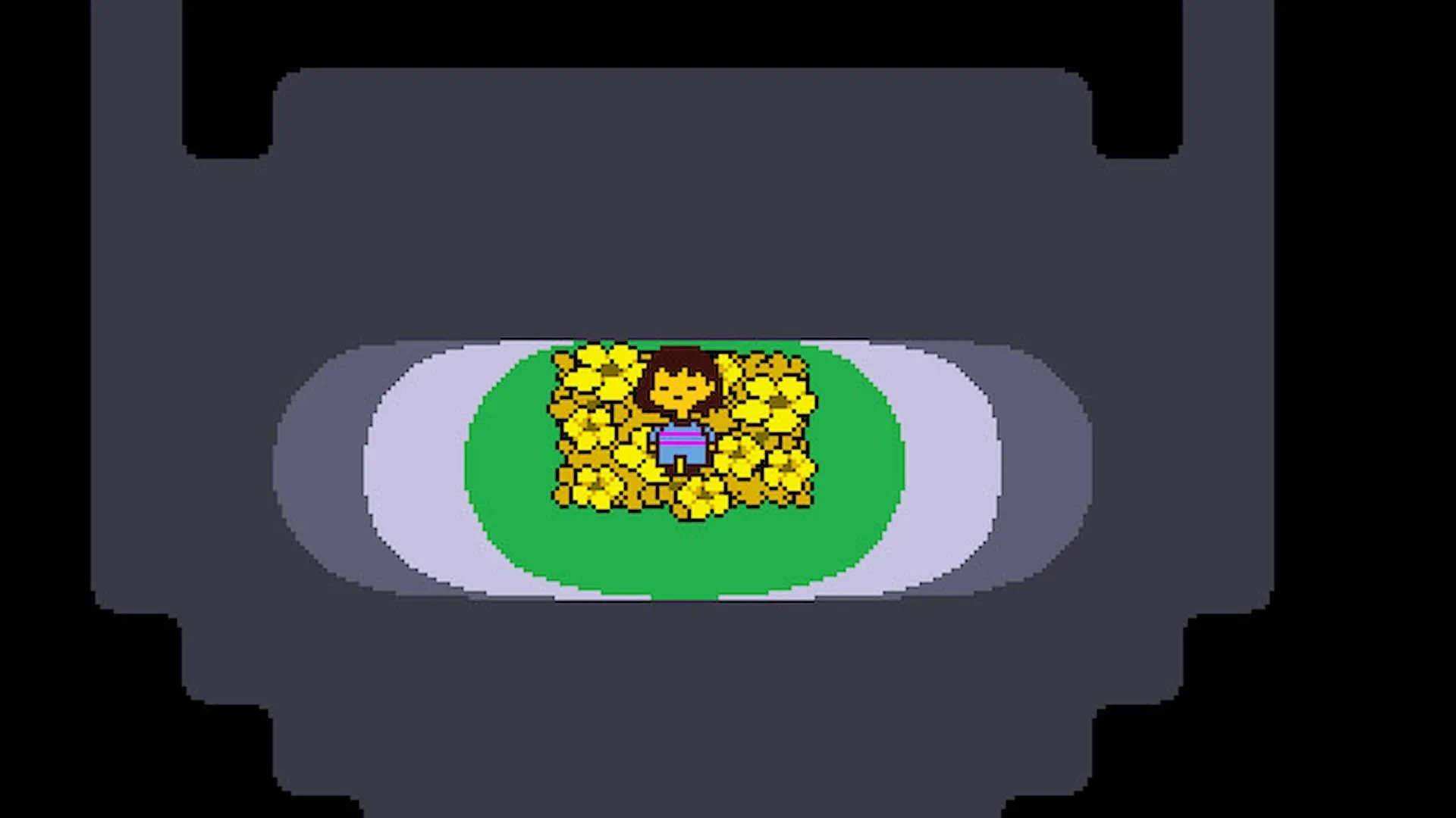 Nhân vật chính Undertale giữa những bông hoa, tạo hình retro đặc trưng