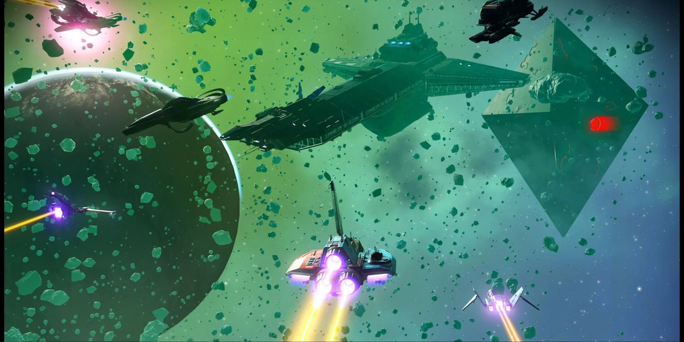 Nhân vật thám hiểm đang đi bộ gần một căn cứ trên hành tinh lạ trong No Man's Sky