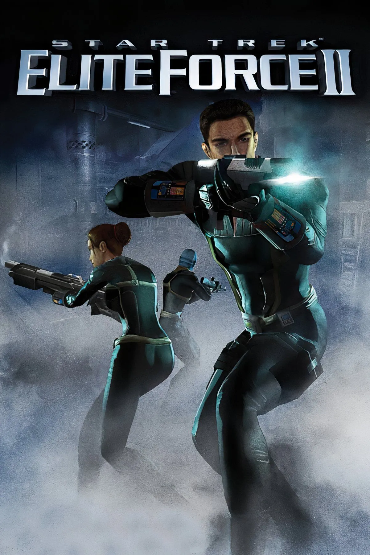 Nhân vật trong Star Trek Elite Force II với vũ khí pha lê và đồng phục Starfleet