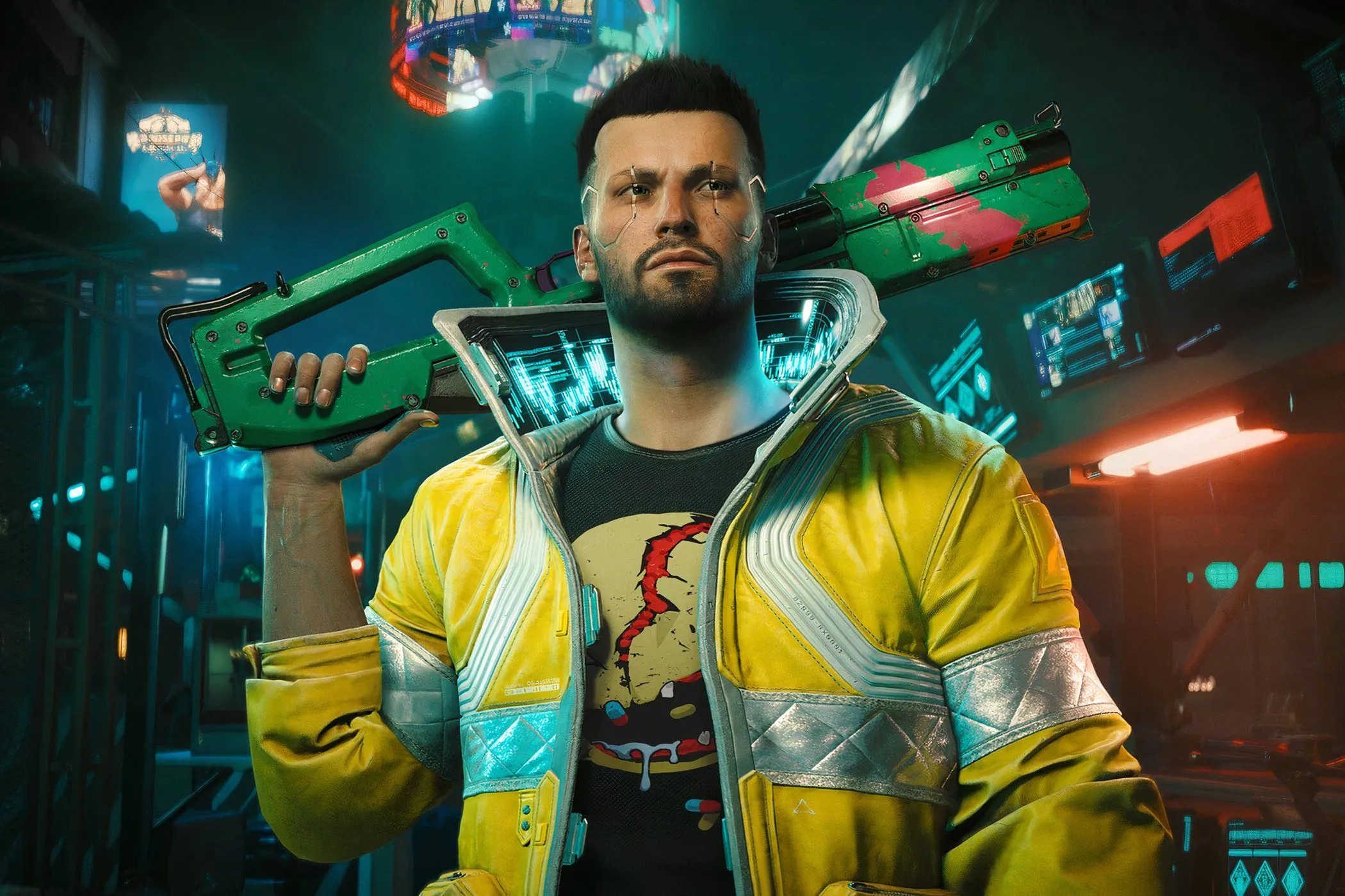 Nhân vật V với súng lục cầm sau đầu trong bối cảnh neon của Cyberpunk 2077 Night City.