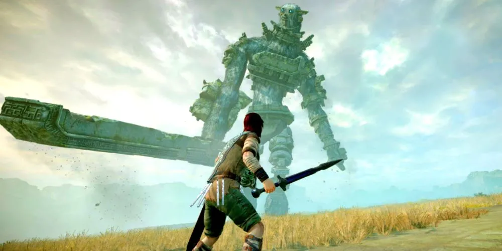 Nhân vật Wander cưỡi ngựa Agro trên cánh đồng cỏ rộng lớn trong Shadow of the Colossus