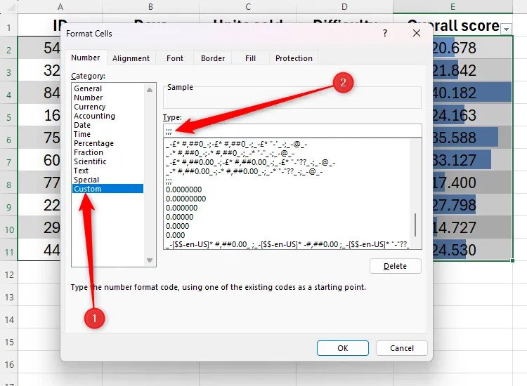 Nhập ba dấu chấm phẩy (;;;) vào trường &quot;Type&quot; trong mục &quot;Custom&quot; của hộp thoại Format Cells để kích hoạt chức năng ẩn dữ liệu trong Excel.