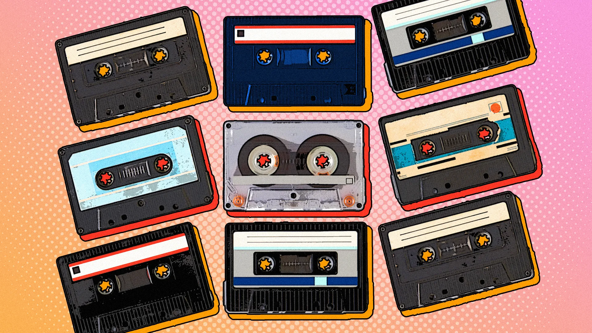 Những chiếc băng cassette xếp cạnh nhau theo phong cách retro, biểu tượng của nền âm nhạc thập niên trước