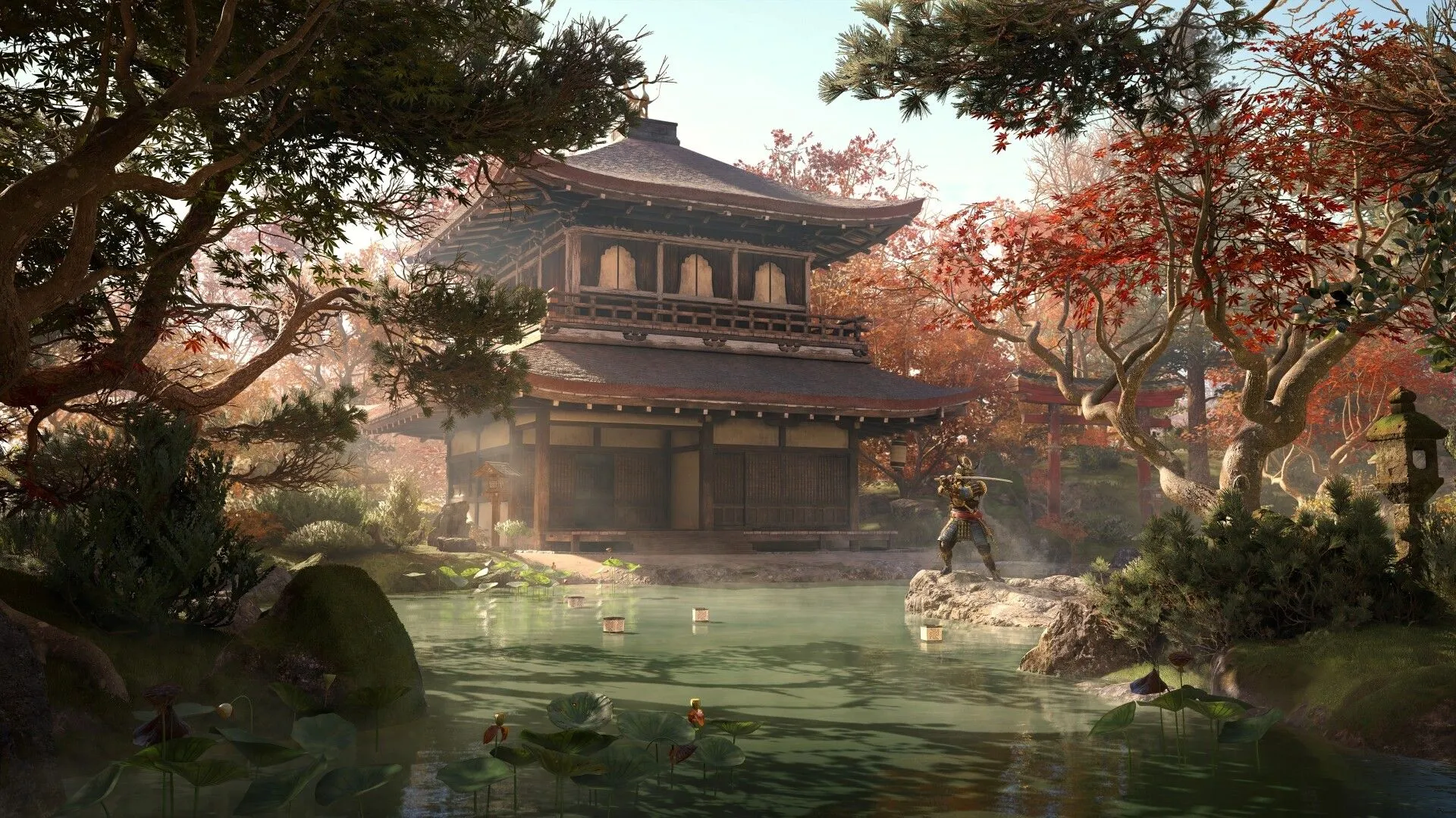 Nội thất căn cứ Hideout trong Assassin's Creed Shadows với các vật phẩm trang trí truyền thống