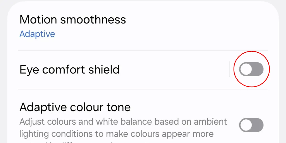 Nút bật tính năng Bảo vệ mắt (Eye Comfort Shield) trên Galaxy S25