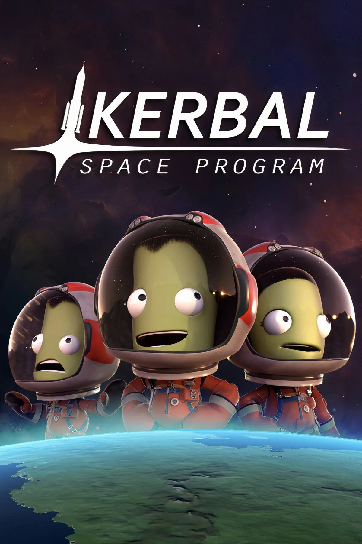 Phi hành gia Kerbal đứng cạnh tên lửa đã hạ cánh trên một hành tinh ngoài không gian trong Kerbal Space Program.