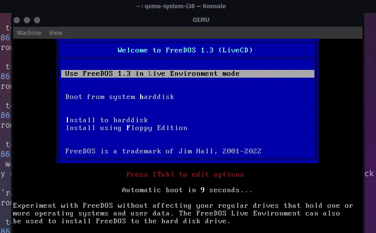 QEMU chạy FreeDOS và màn hình cài đặt