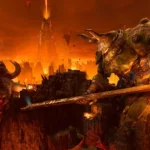 Robot Atlan khổng lồ chiến đấu với quỷ dữ trong game DOOM The Dark Ages.