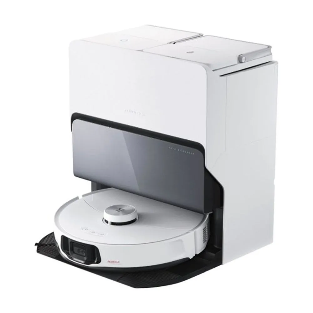 Robot hút bụi lau nhà Roborock S8 MaxV Ultra màu đen và trắng trên nền trắng