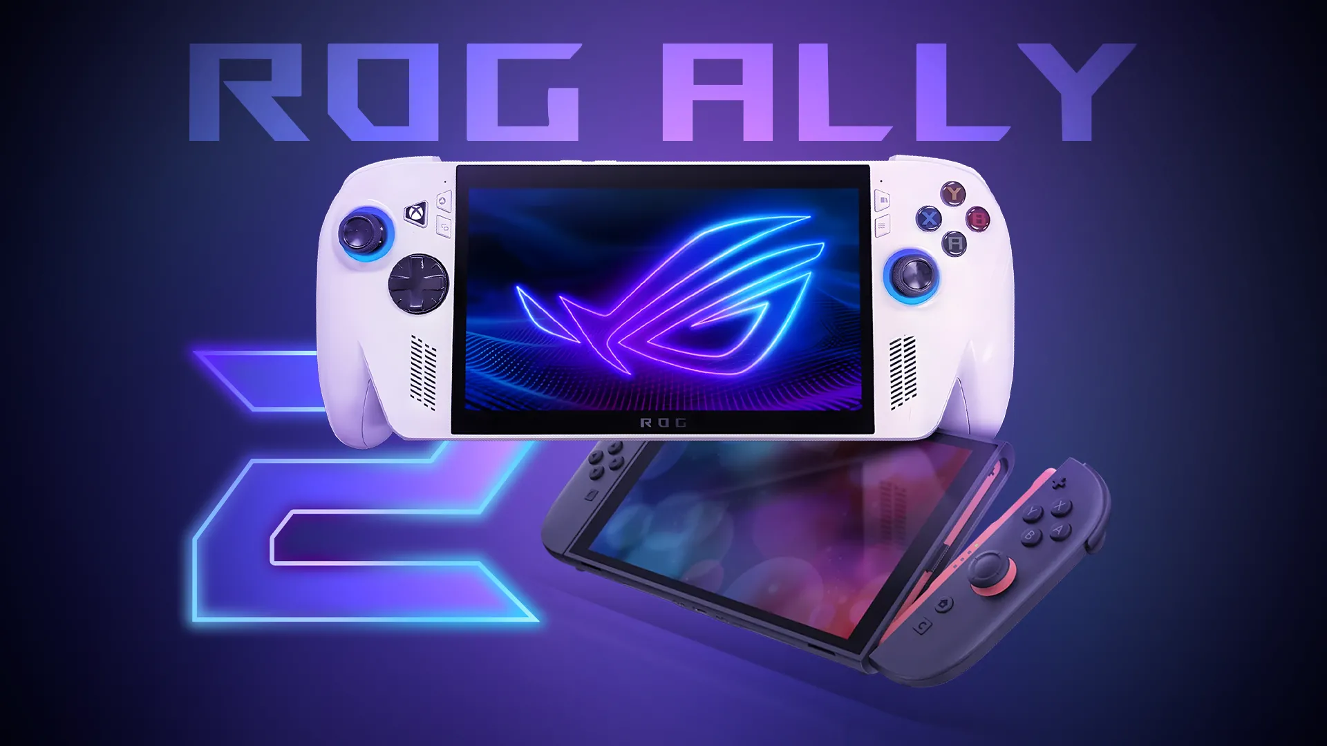 ROG Ally 2 và Nintendo Switch 2 trên phông nền công nghệ, minh họa khả năng tương thích của dock