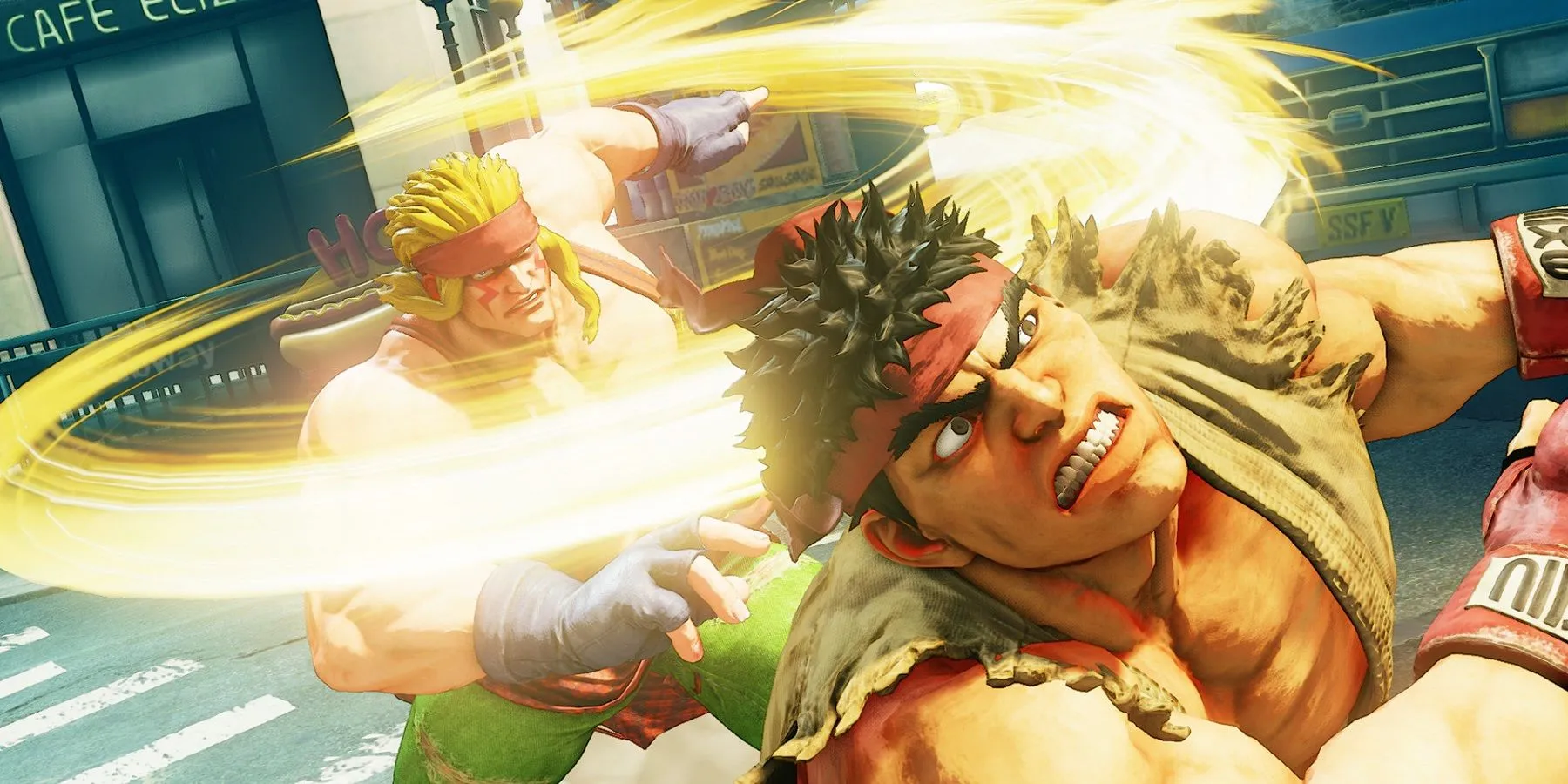 Ryu thực hiện động tác chiến đấu biểu tượng trong game đối kháng Street Fighter V.