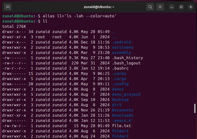 Tạo alias cho lệnh Linux: Ví dụ sử dụng alias 'll' cho lệnh 'ls -lah --color=auto'.