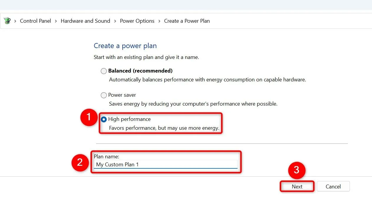 Tạo kế hoạch nguồn tùy chỉnh High Performance để tối đa hóa hiệu năng máy tính.