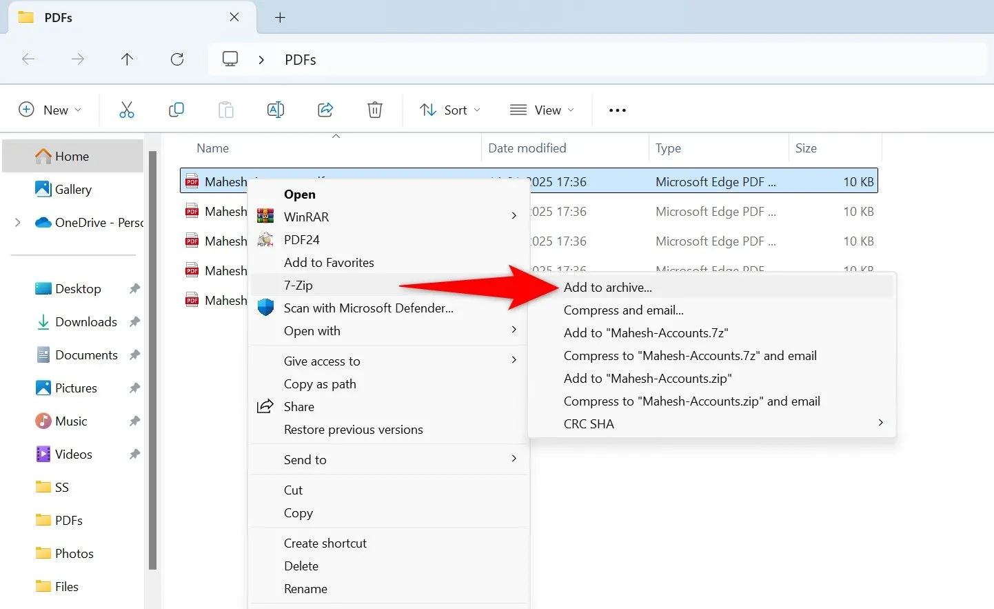 Tạo kho lưu trữ nén từ file PDF bằng 7-Zip thông qua menu chuột phải
