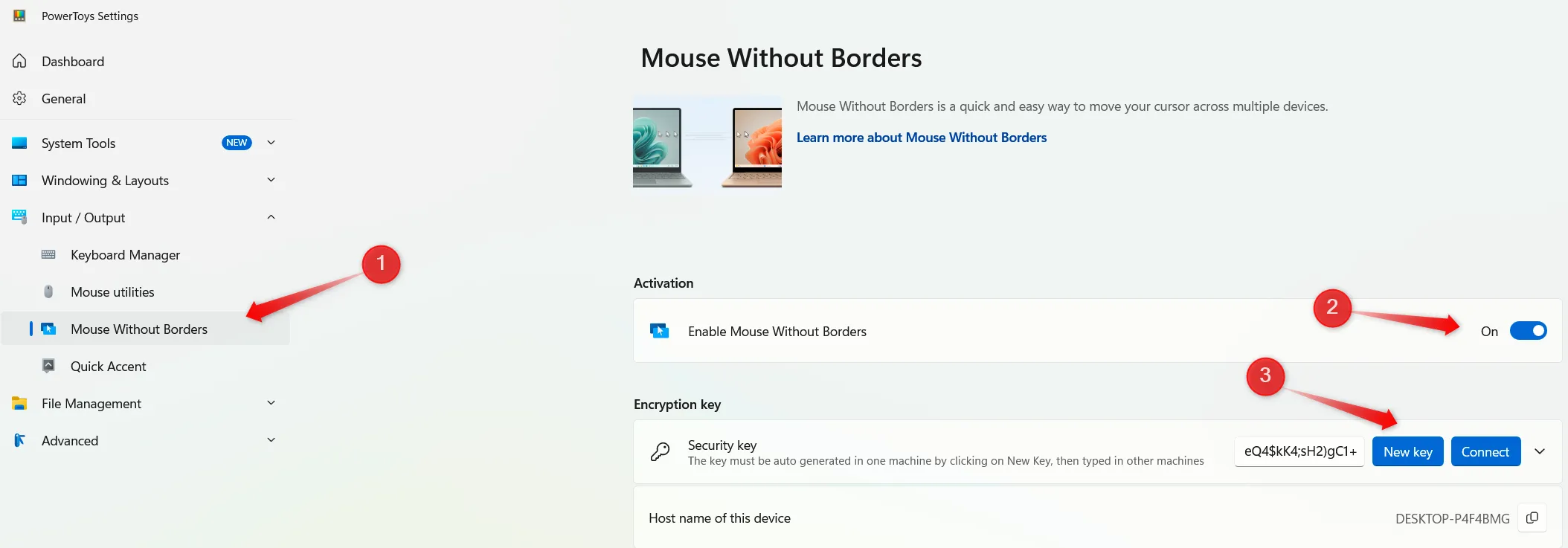 Tạo mã khóa trong Mouse Without Borders của PowerToys để kết nối và điều khiển nhiều máy tính Windows.