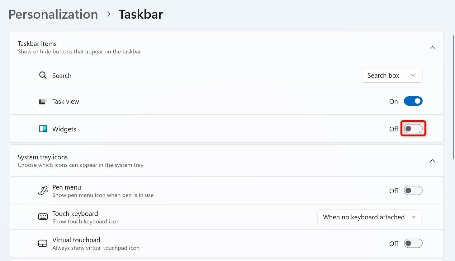 Tắt tính năng Widget trong cài đặt Taskbar để giảm tiêu thụ tài nguyên trên Windows 11.