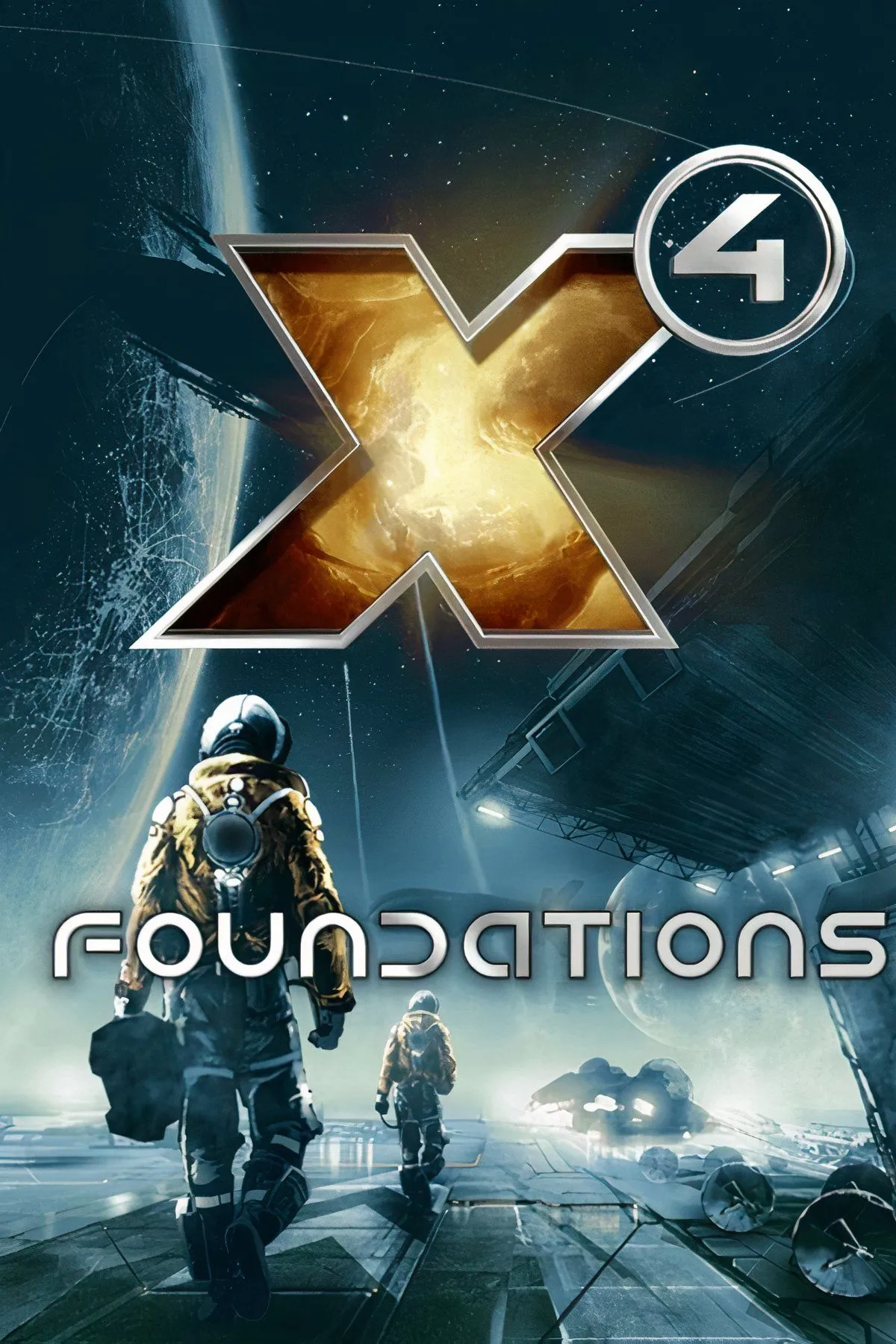 Tàu vũ trụ bay gần một trạm không gian đồ sộ trong game X4: Foundations, thể hiện quy mô và chiều sâu của vũ trụ game.