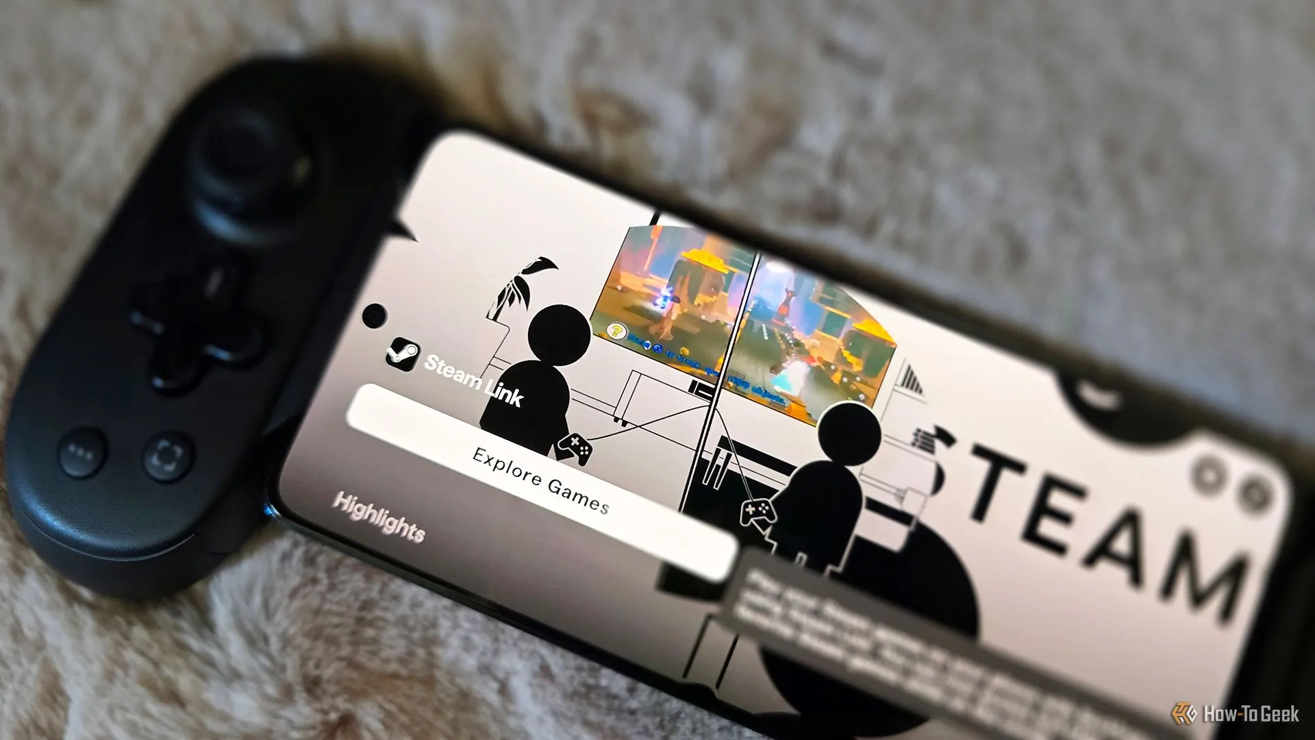 Tay cầm Backbone Pro gắn điện thoại hiển thị trang Steam Link, minh họa khả năng chơi game đa nền tảng