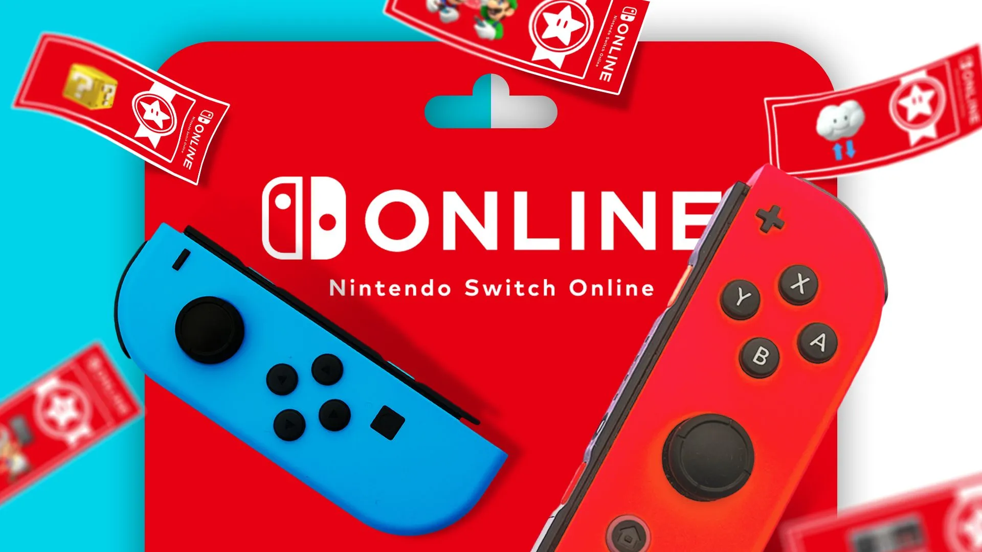Thẻ quà Nintendo Online kèm một số phiếu giảm giá và hai tay cầm Joy-Con