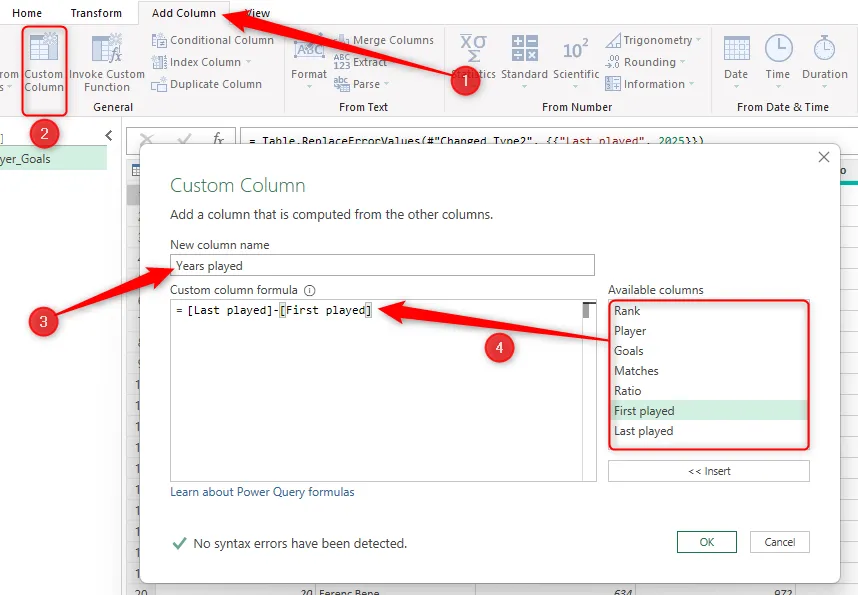 Thêm cột tùy chỉnh &quot;Years played&quot; với phép trừ đơn giản giữa hai cột trong Power Query Editor.