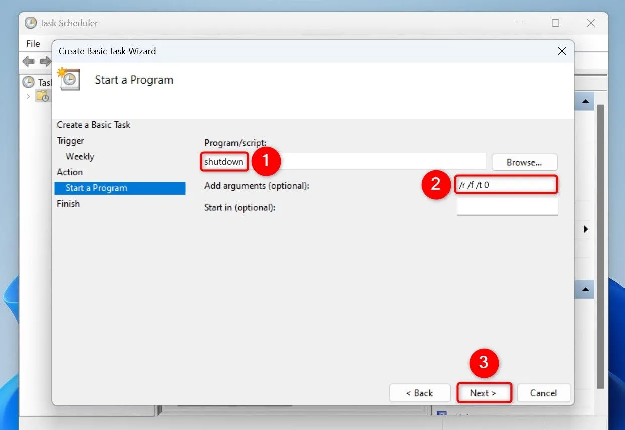 Thêm lệnh 'shutdown' với các đối số khởi động lại máy tính vào Task Scheduler