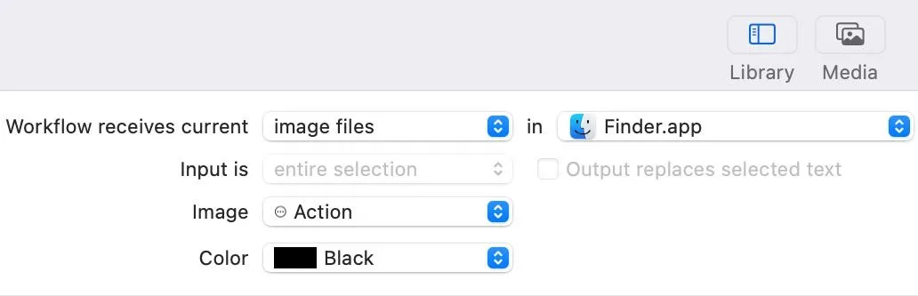 Thiết lập hành động "Workflow Receives Current" trong ứng dụng Automator trên macOS để tạo tác vụ nhanh.