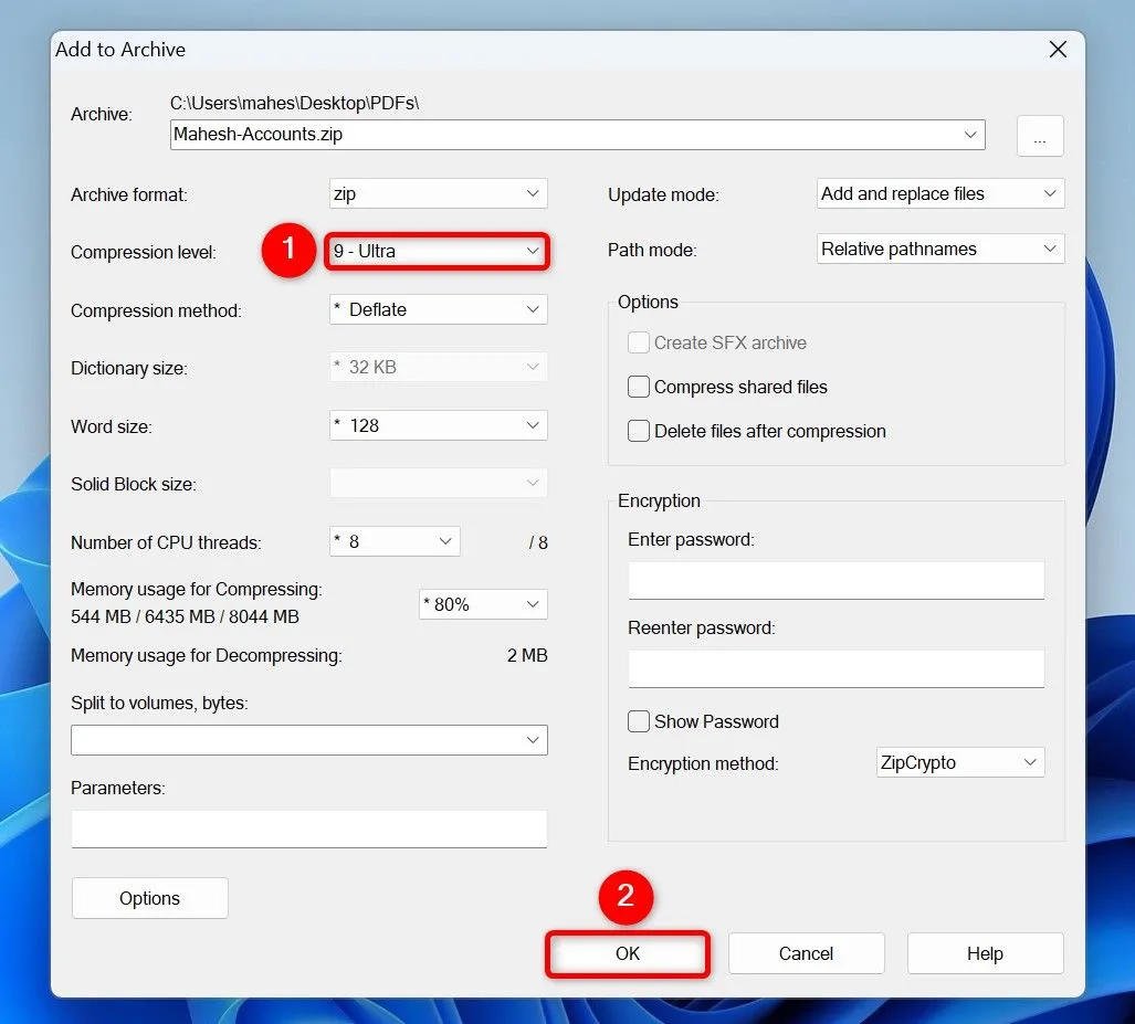 Thiết lập mức độ nén Ultra và định dạng ZIP trong tùy chọn Add to Archive của 7-Zip