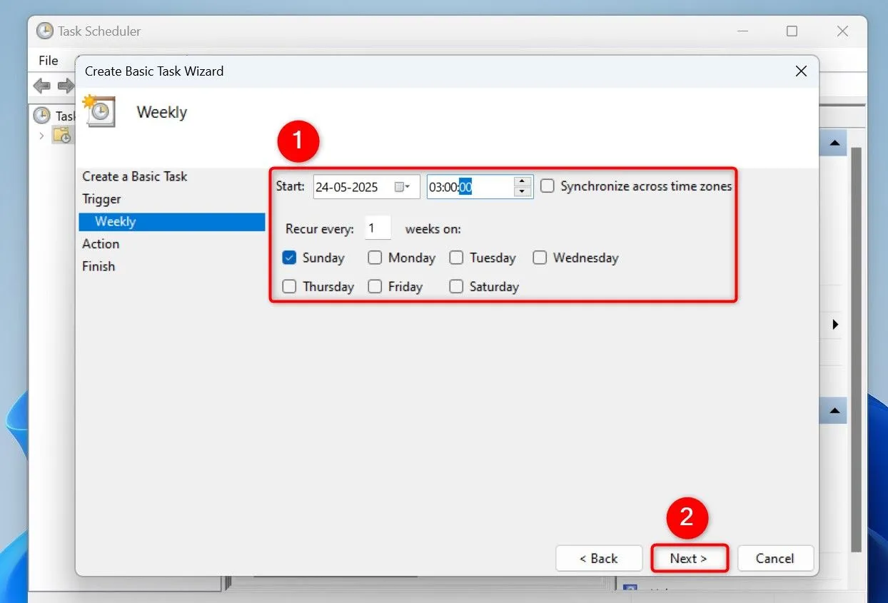 Thiết lập ngày, giờ cụ thể để tác vụ tự động khởi động lại Windows 11 diễn ra