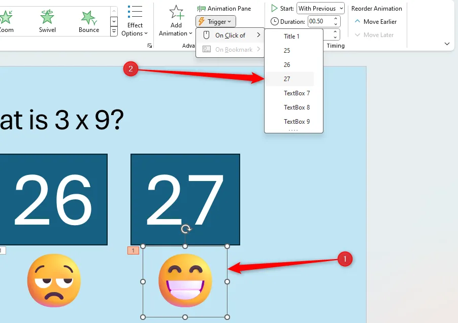 Thiết lập Trigger trong PowerPoint: Chọn đối tượng kích hoạt hiệu ứng từ menu Trigger trong tab Animations